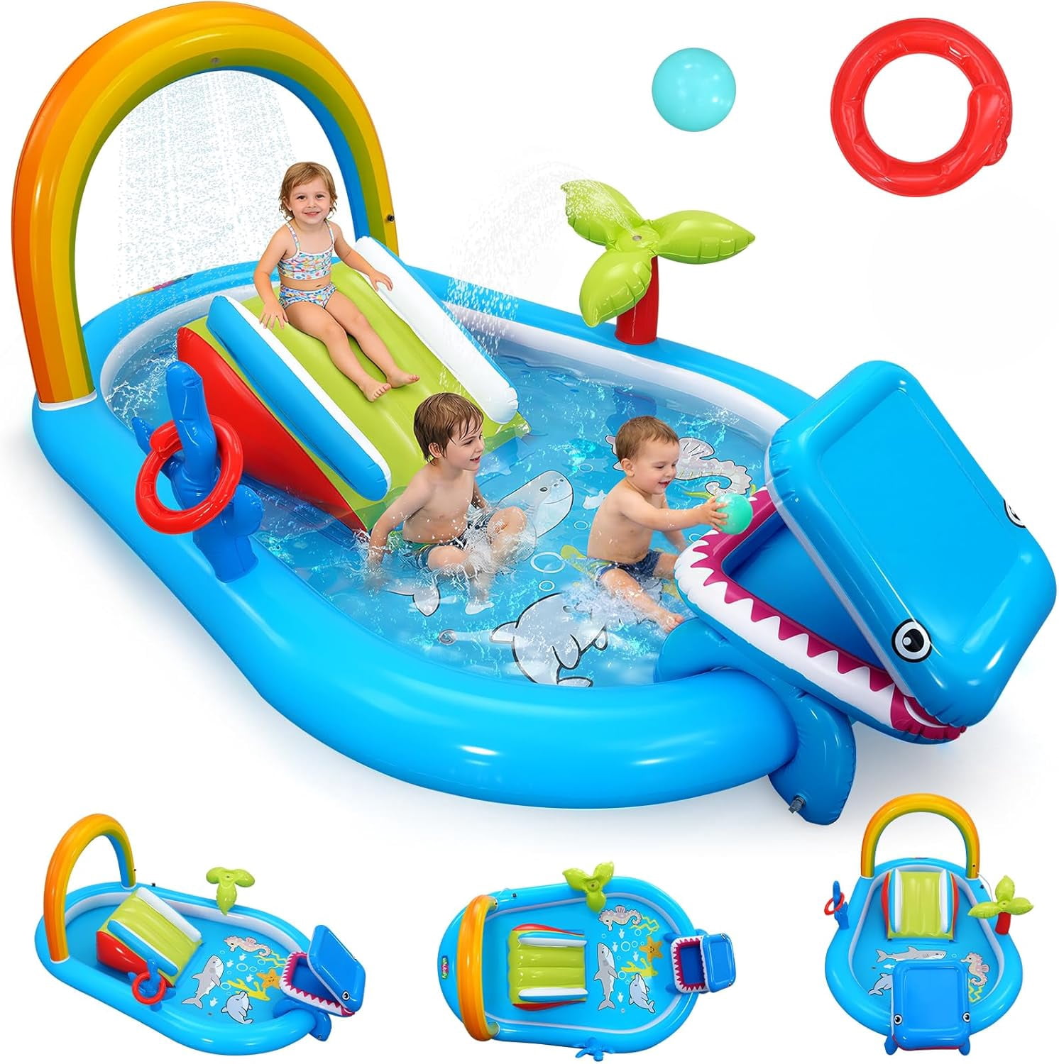 Inflatable Kids Play Center Outdoor/Indoor 98 × 64 × 39 in Kid Pool Slide, with Water Sprayer, Waterfall, and Ocean Ball, Multicolor (Without Blower)