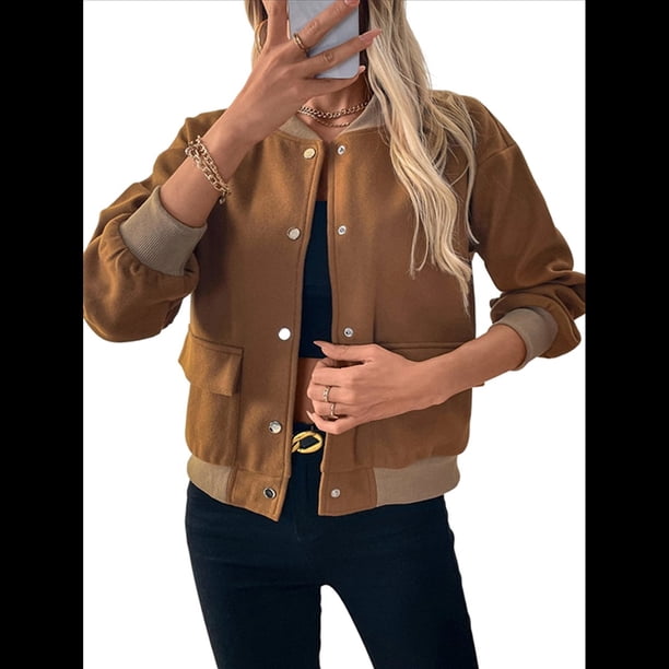 Chaqueta Universitaria con Botones para Mujer, Estilo Informal, Corta, con Bolsillos, para Otoño. Café Marrón M
