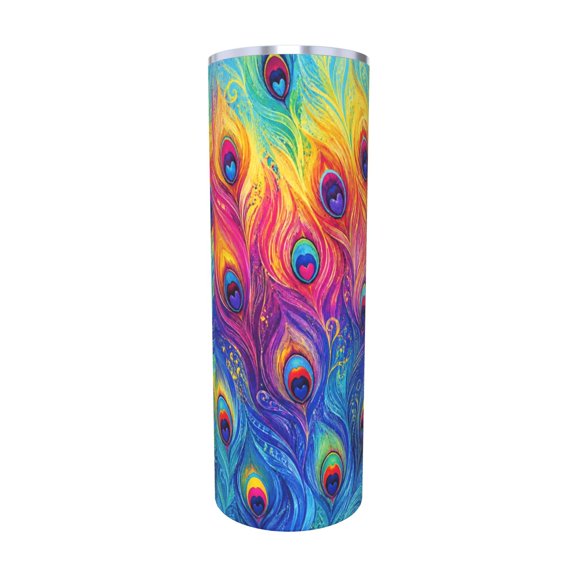 20oz Peacock Feather Rainbow Insulated Car Cup Tumbler Travel Coffee Cup with Lid Gift for Women Men Festival Present with Straw