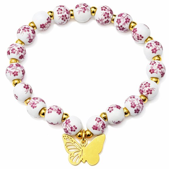 YYKihy Porcelain Beaded Bracelet Stainless & Alloy Charms (Heart Butterfly Cross) For Retro Daily Styling