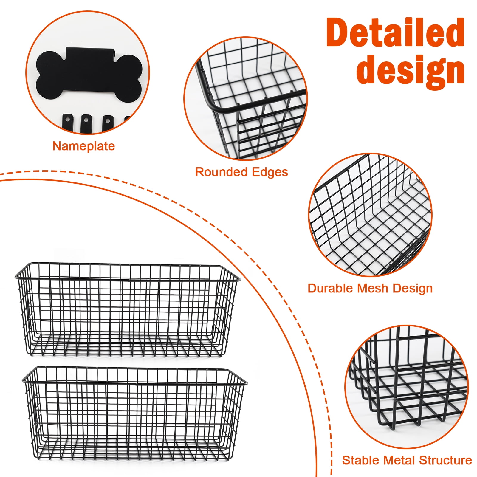 Pethiy 2-Pack Black Wire Wall-Mounted Storage Baskets, Large Capacity Metal Organizer Bins for Kitchen Onion, Potato, Fruit & Pantry Storage with Nameplate & Hooks