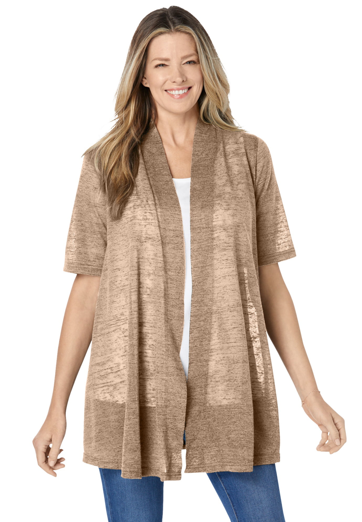 Ladies Short Sleeve Plus Size Open Waterfall Cardigan Womens Stretch Top 12-26 