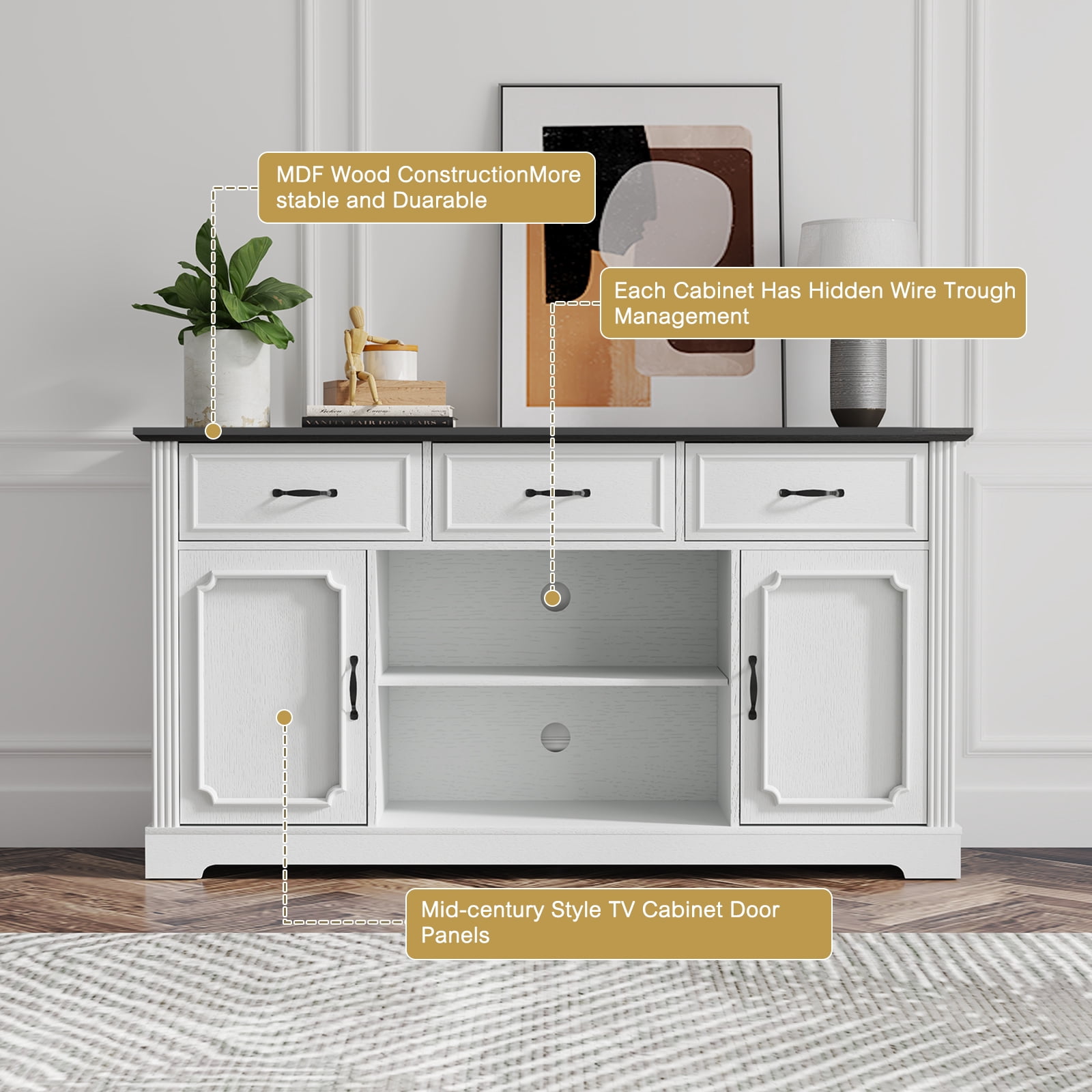 HLR Mid Century 60" TV Stand for TV up to 65", Entertainment Center with Drawers Storage for Living Room, White