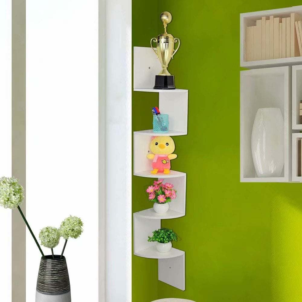 Hardsea Wood Corner 5 tiers Wall Shelf Zig Zag Wooden Shelves Wooden Mount Rack 