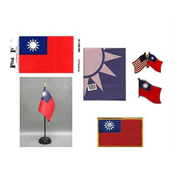 Taiwan Heritage Flag Pack - Includes a Taiwanese 3x5' Flag, Vinyl Flag Decal, One Single & One Double Friendship Flag Lapel Pin, Miniature Desk Flag with Stand & One Iron-On Flag Patch
