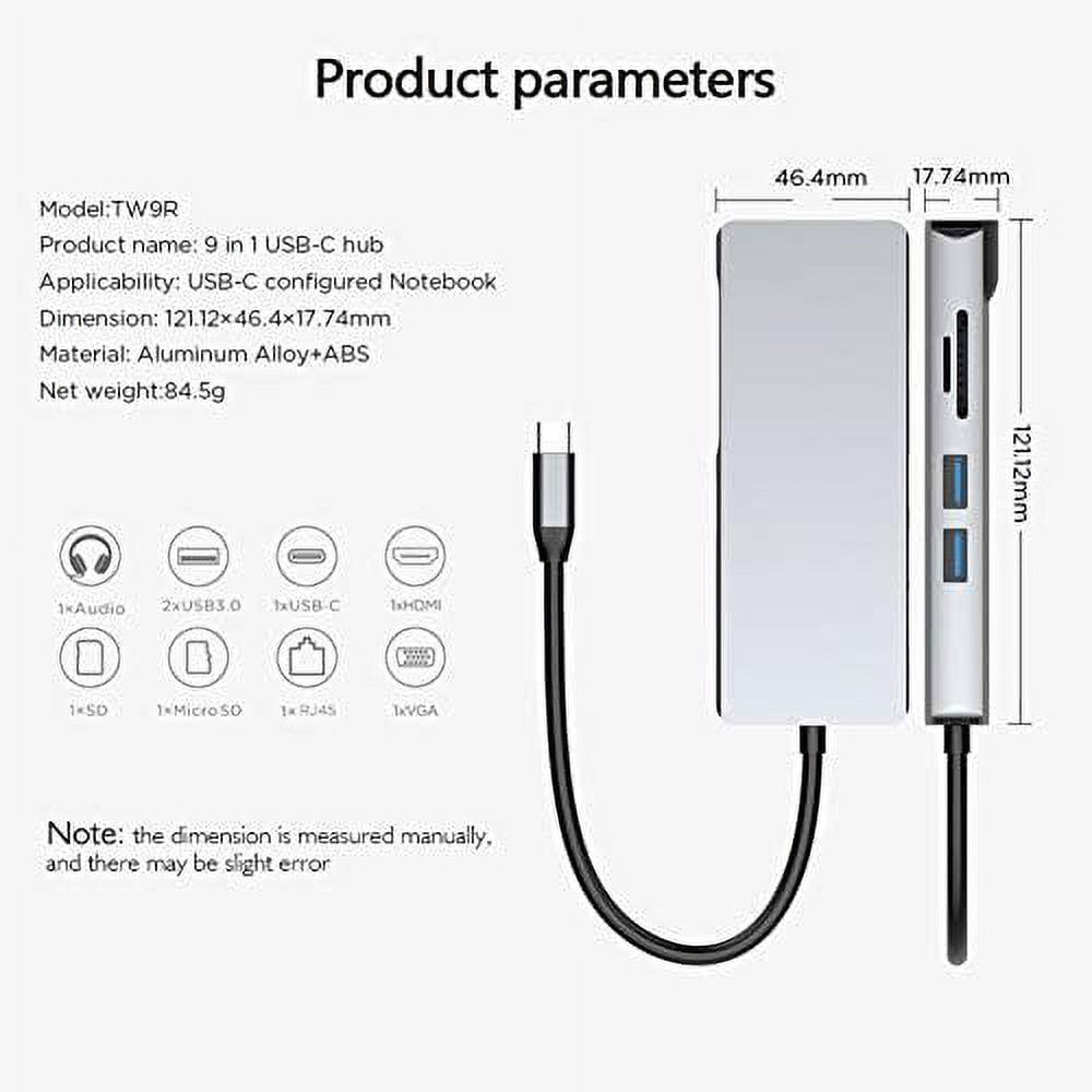 THYMOBO 9 in 1 USB C to USB Hub, USB Type C Adapter w. 2 USB 3.0 Ports, SD Micro SD, RJ45, Audio, VGA, USB C to HDMI & USB C Charging Port, Compatible MacBook Pro Nintendo Switch Type C Laptop - Grey