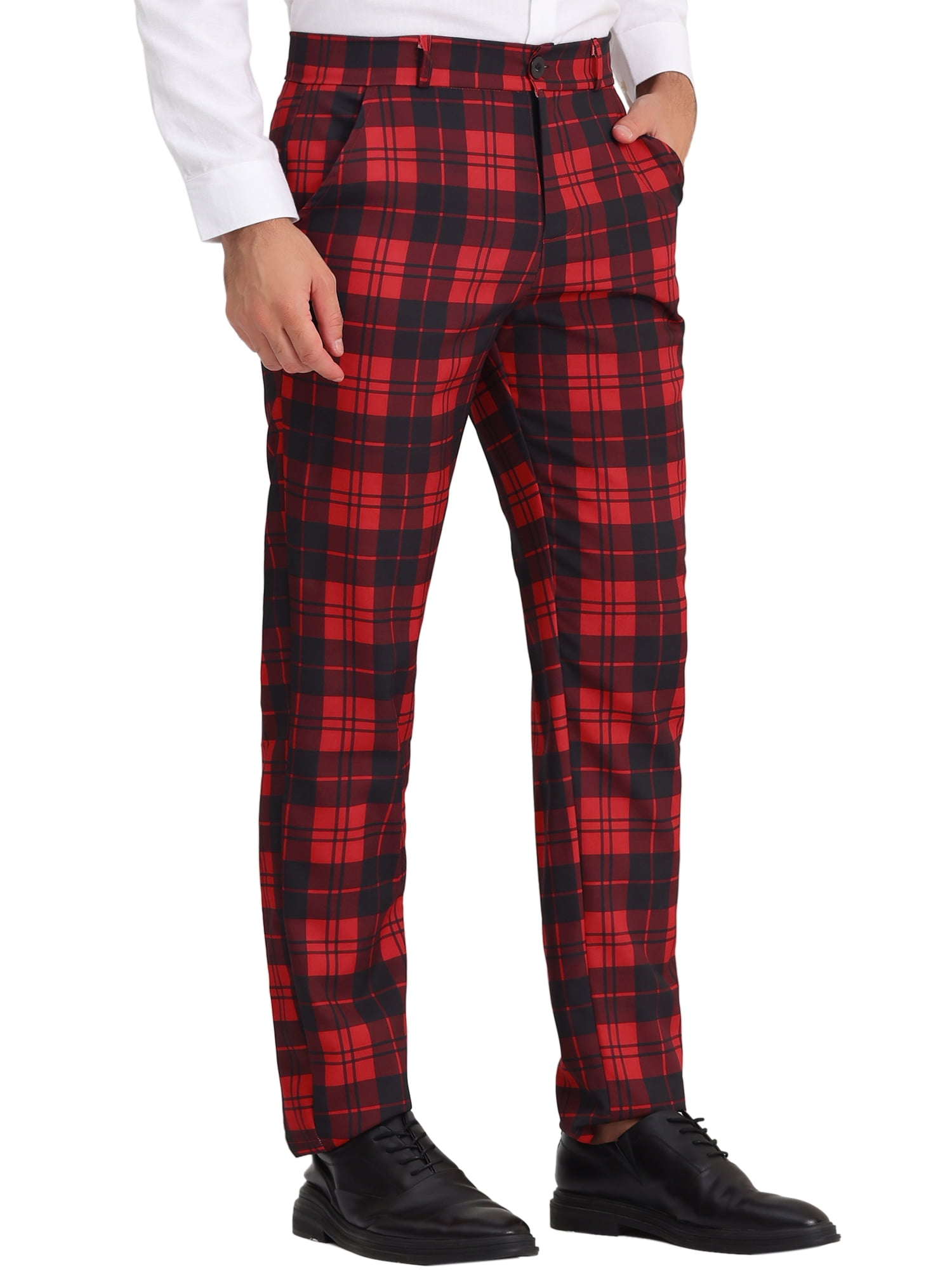 Unique Bargains Men's Plaid Slacks Regular Fit Flat Front Work Prom Checked Pants 30 Red