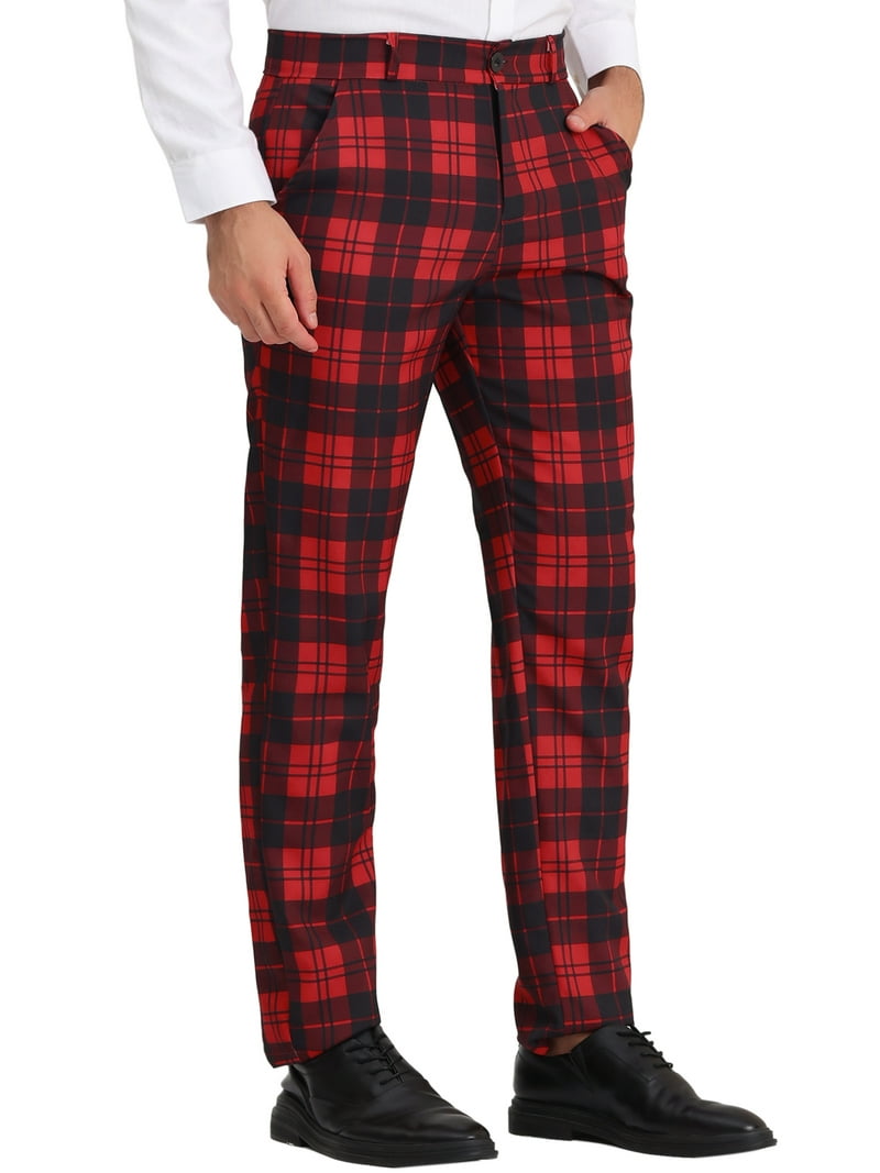 Unique Bargains Men's Plaid Slacks Regular Fit Flat Front