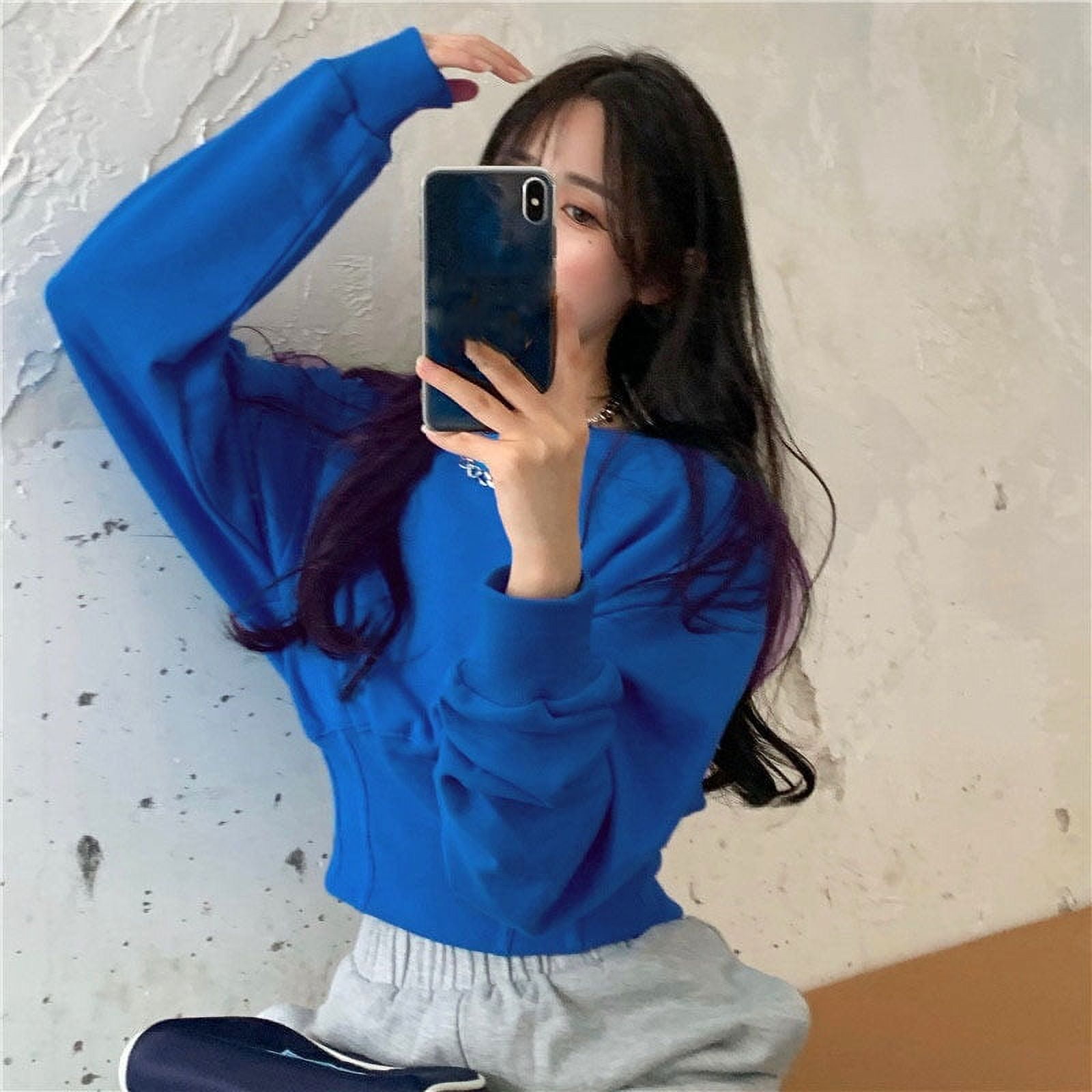 DanceeMangoo Korean Style Womens Pullover Fashion High Waist Long Sleeve  Cropped Sweatshirt Female New Gray Blue O-Neck Crop Tops 