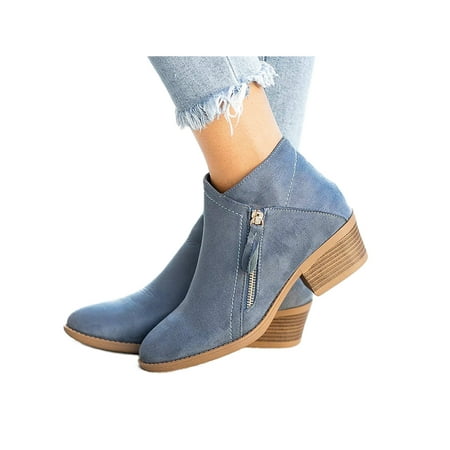 

Eloshman Womens Fashion Chunky Bootie Work Breathable Block Heels Casual Dual Side Zip Stacked Heel Booties Royal Blue 7.5