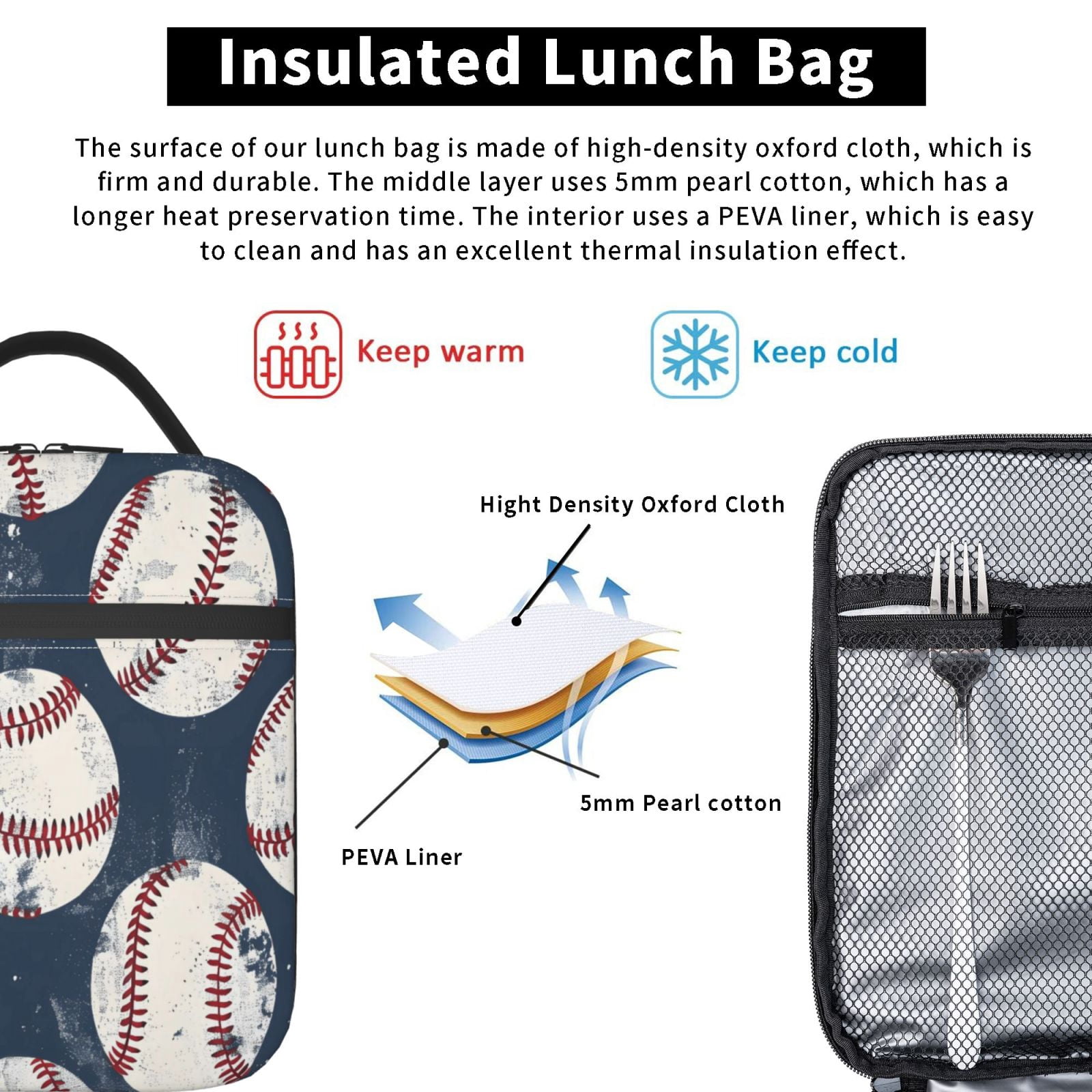 Lunch Bag For Women Men Insulated Portable Lunch Box Bento Box Office Picnic Travel Cooler Bag Vintage Baseball Theme Retro Sport Style Worn Leather Baseballs
