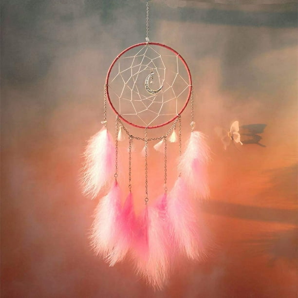 Dream catcher with LED light, handmade dream catcher with feathers, girls  room, bedroom, romantic decoration, wall hanging, home decor, ornaments,  handicrafts (pink) 