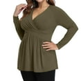 thumbnail image 3 of Plus Size V Neck Long Sleeve Tops for Women Solid Color Casual Pleated T-shirt Spring Autumn Lightweight Blouse,Female Plus Size Slim Fit Pullover Tops,L-5XL, 3 of 5