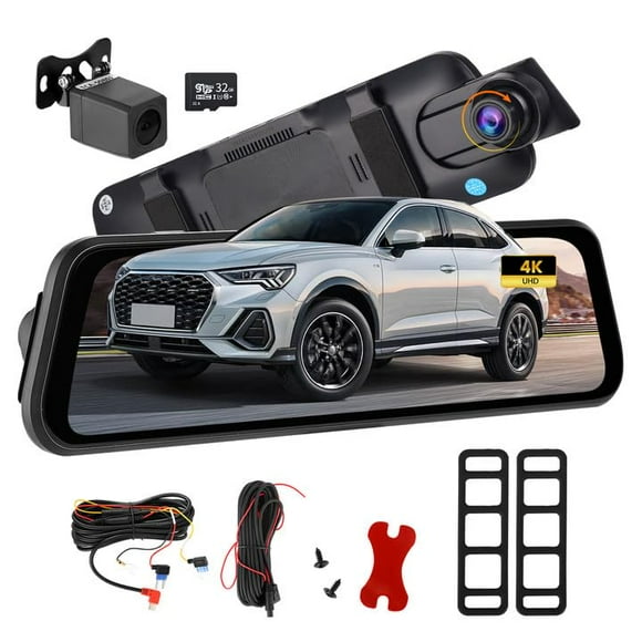 PHILIPS Retrovisor con Camara, Dash CAM para Auto Frontal y Trasera con WiFi 4K+2K, 9.66" DashCam Espejo Pantalla Táctil con Función Visión Nocturna HD,Imagen Reversa, 32GB Card