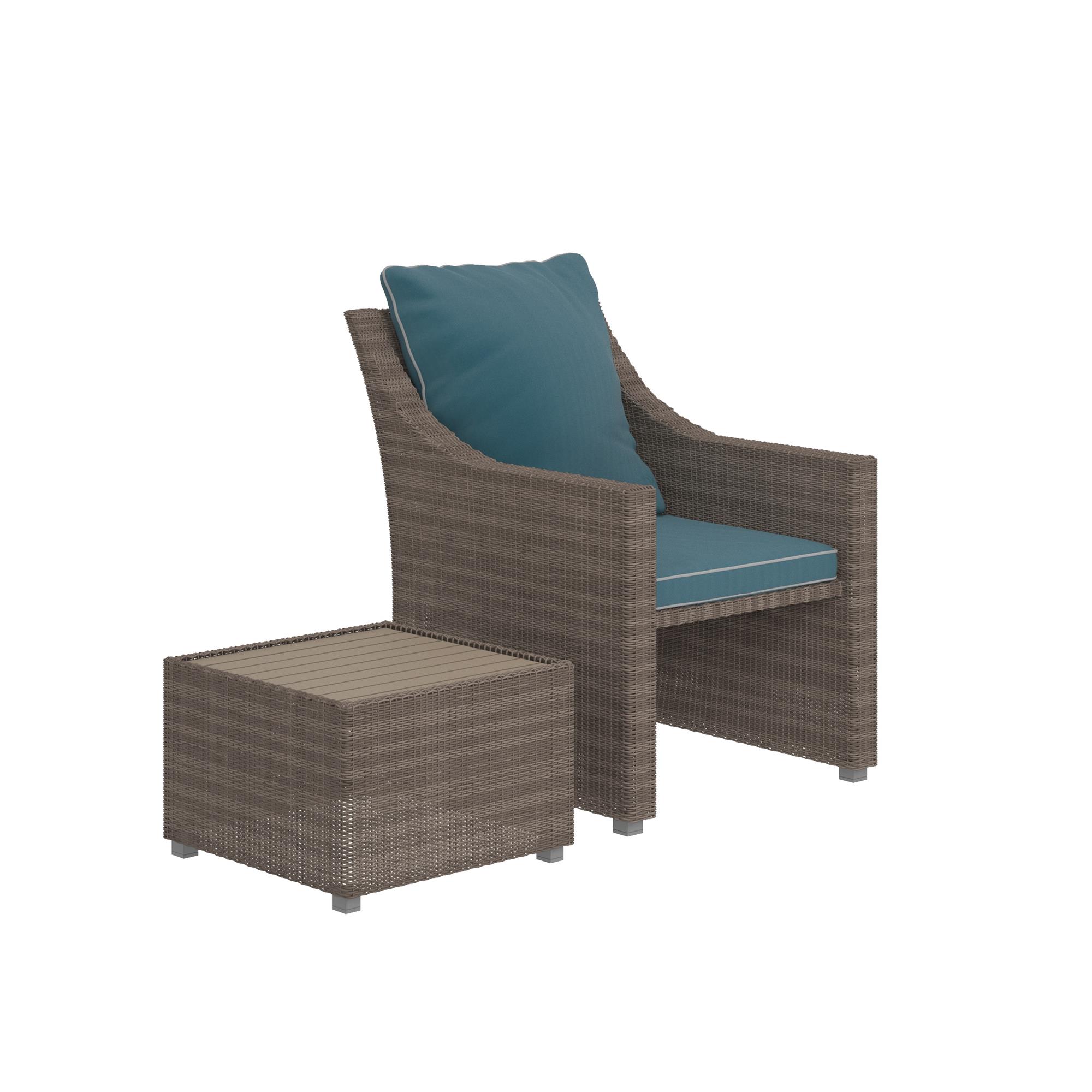 COSCO Outdoor, 2 Piece Patio Set, Lounge Chair, Multifunctional Ottoman/Table, Gray Wicker, Teal Blue Cushions - image 3 of 9