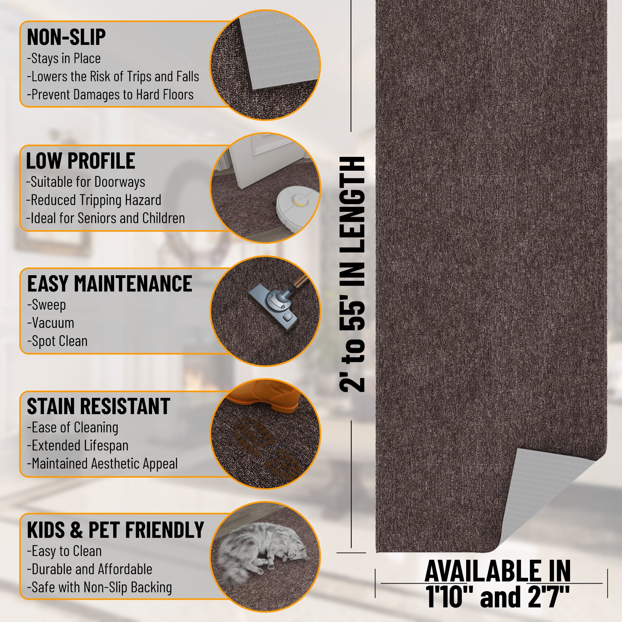 Ottomanson Extra Long Hallway Runner Rug 2x47 Non-Slip Rug for Kitchen or Bedroom, 1'10" x 47', Brown