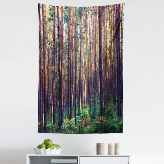 Nature Tapestry, Forest in the Morning Tall Trees Trunks Greenery Natural Environment Picture Print, Fabric Wall Hanging Decor for Bedroom Living Room Dorm, 5 Sizes, Green Brown, by Ambesonne