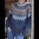 thumbnail image 4 of Suéter de Larga con Cuello Redondo para Mujer, Suéter Informal Estampado, Camisetas de Otoño 2025. Azul Oscuro L, 4 of 10