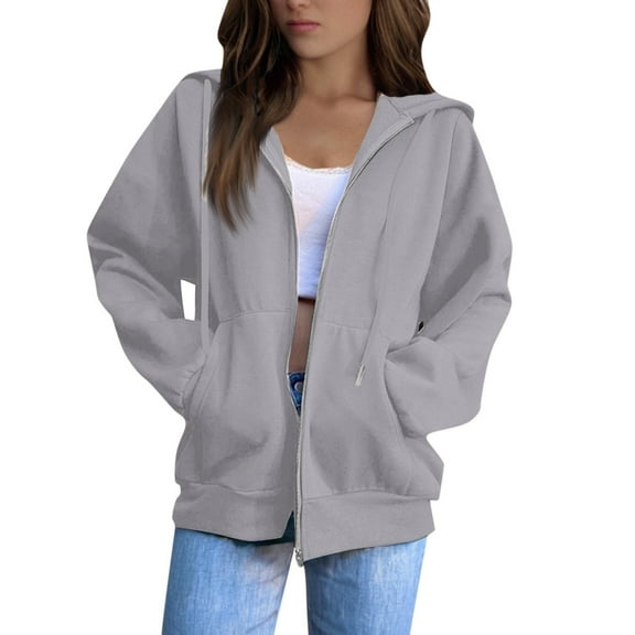 BRDFRL Women's Fall Solid Full Zip Up Hoodie Long Sleeve Oversized Hooded Ladies Sweatshirts Pockets Jacket Coat for Women Teen Girls 2025 Fashion Casual Gray L