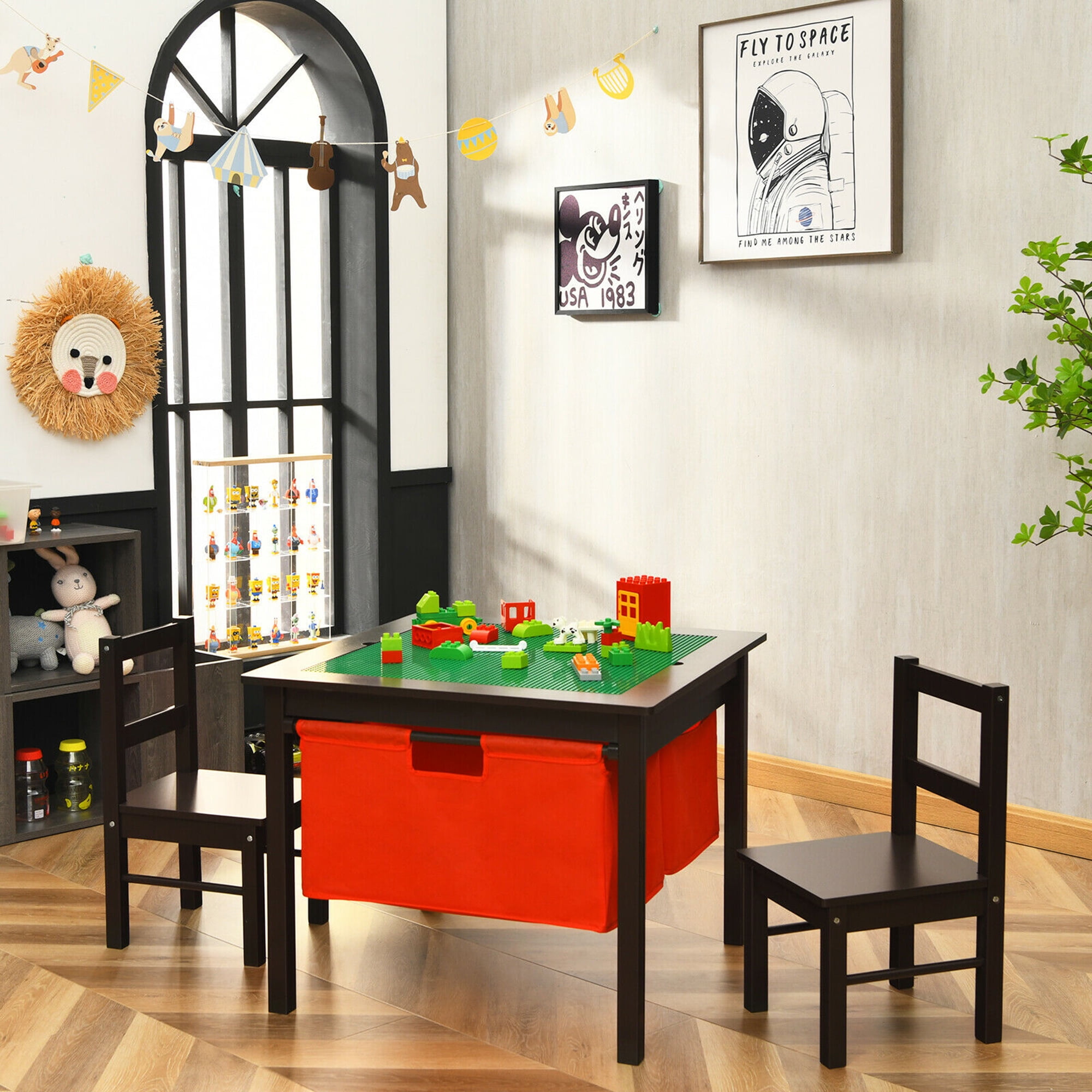 Gymax 2-in-1 Kids Activity Table & 2 Chairs Set w/Storage Building Block Table Espresso