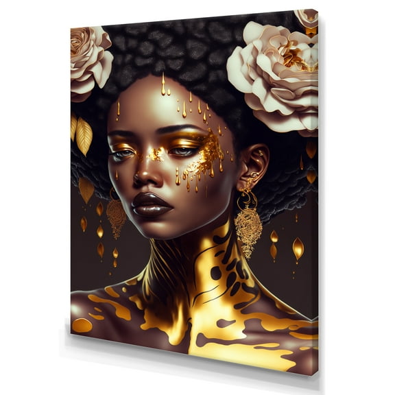 Designart Gold And Black Floral Woman VIII Canvas Wall Art