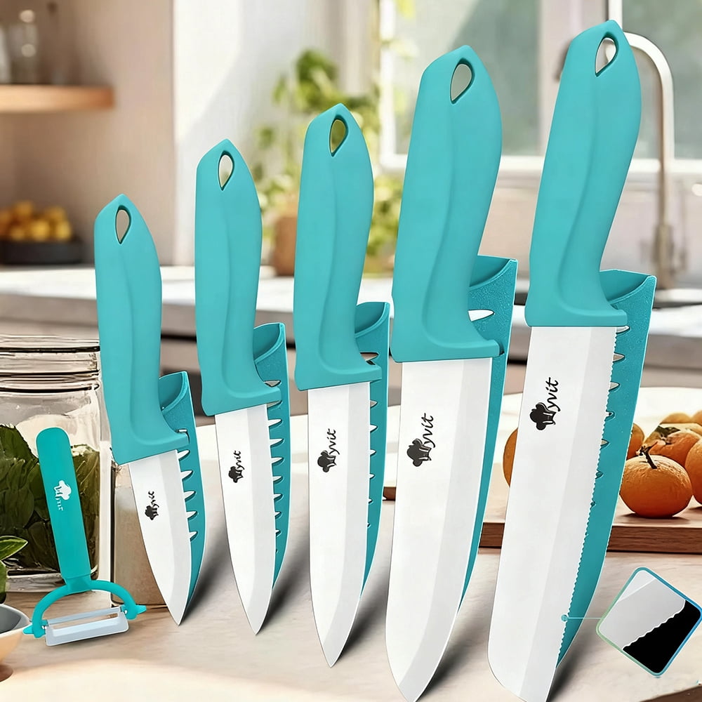 MYVIT Ceramic Knife Set for Kitchen, 11 Piece Fruit Cutting Knife Sharp Paring Knife with Blade Guards and Gift Box,3" 4" 5" Paring,6" Chef & 6" Serrated Bread Knife,Dishwasher Safe,Blue