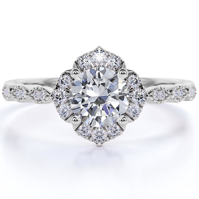 JeenMata Anillo de Compromiso art Déco vintage con Halo de Diamantes y Moissanita de Talla Redonda de 1,75 Quilates en Oro Blanco de 10 K