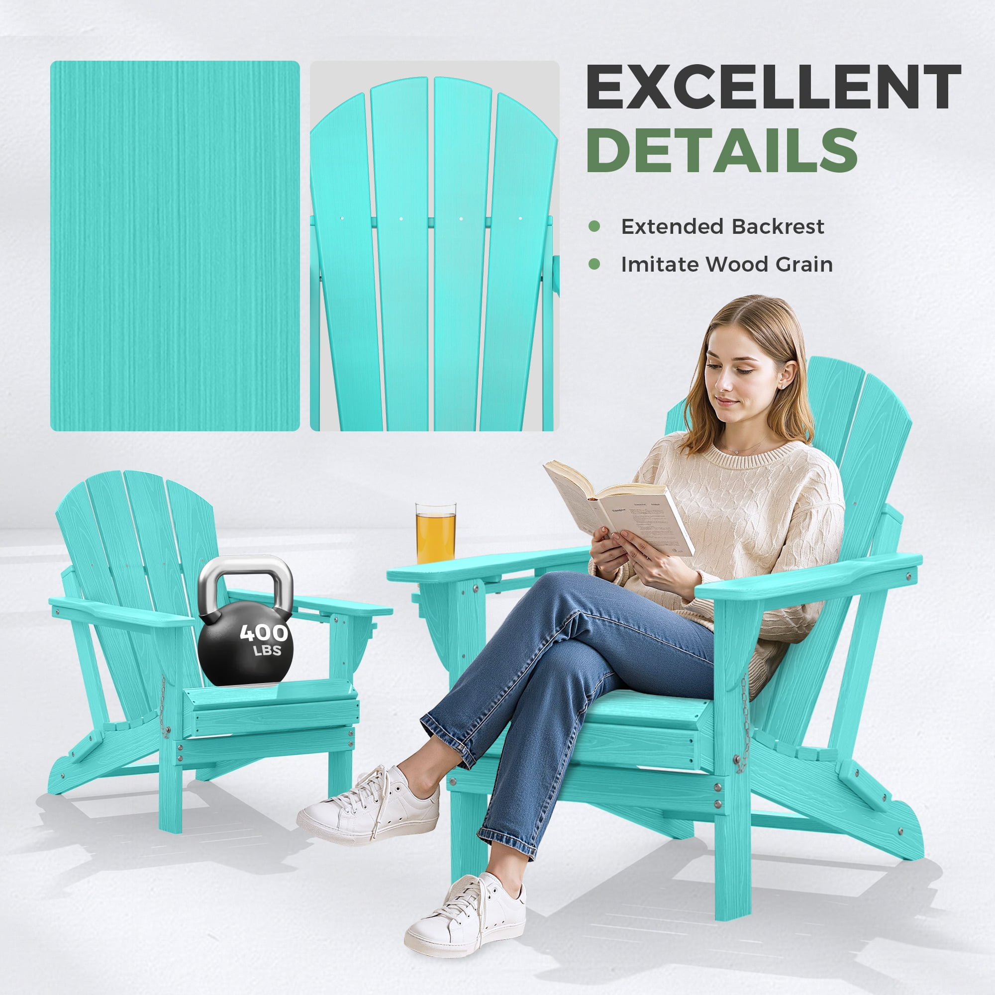 Folding Adirondack Chair Set of 2, HDPE All-Weather Outdoor Patio & Firepit Chair with Ergonomic Extended Backrest & Cup Holder, Low Maintenance, Aqua