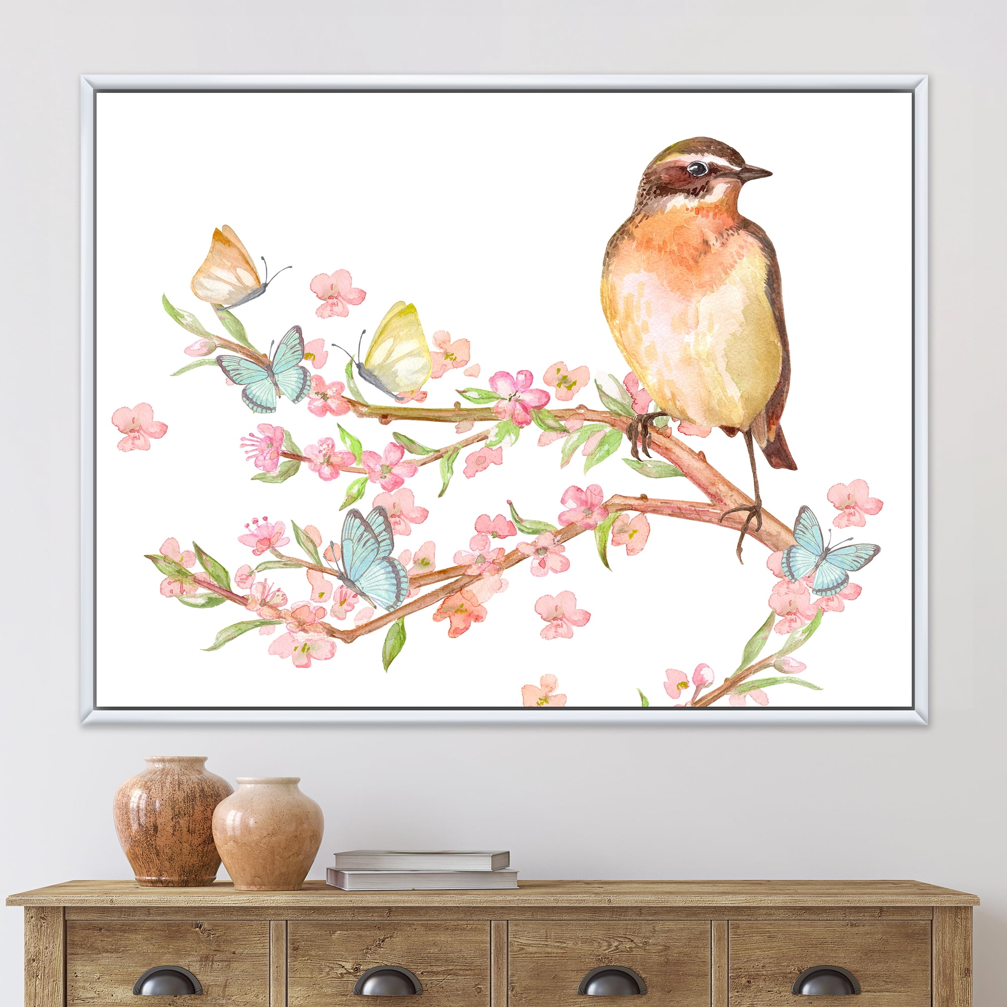 Lovely Bird Sitting On Branch of Sakura With Butterflies 40 in x 30 in Framed Painting Canvas Art Print, by Designart