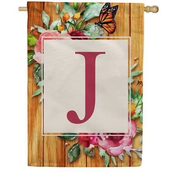 America Forever Spring Monogram House Flag Letter J 28 x 40 inches Double Sided Vertical Outdoor, Yard, Lawn, Seasonal Decorative Flowers Bees and Butterflies Summer House Flag