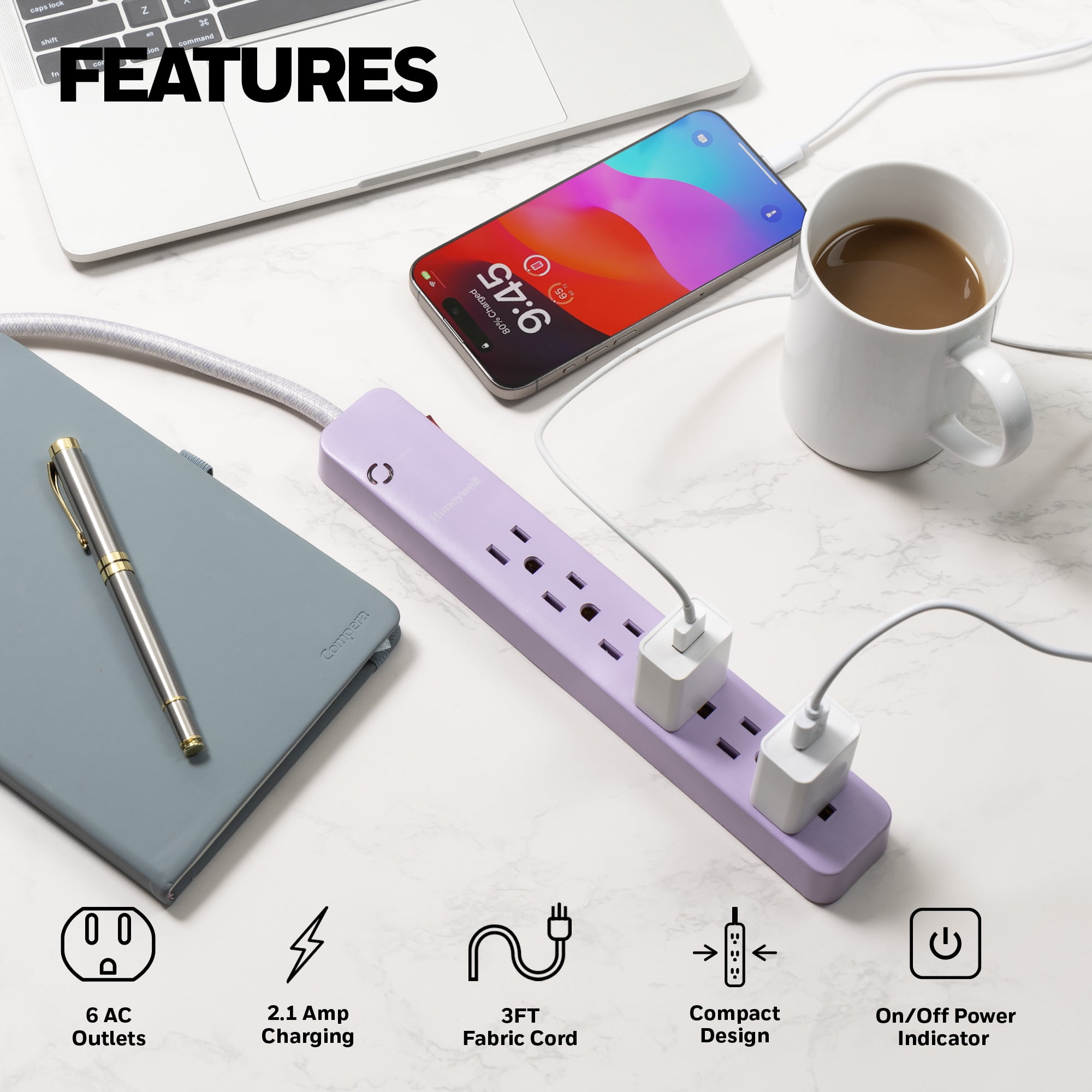 Honeywell 2-in-1 Pack Power Strips - 6 AC Outlets Surge + 3 AC 2 USB Strip (1 USB-A + 1 USB-C 2.1A) - Pink