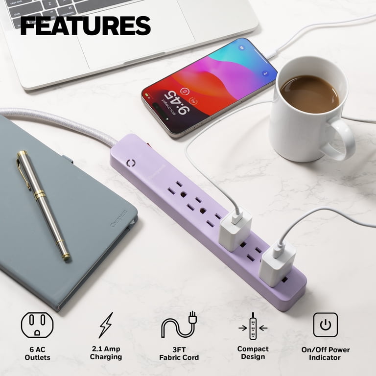 2-in-1 Power Strip and Surge Protector with USB Ports, Pink photo 2
