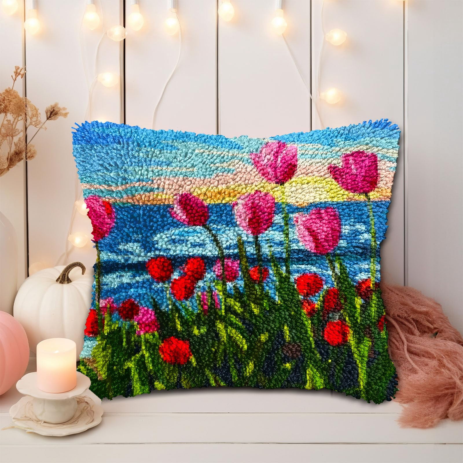 Seaside Flower Tulips Sunset DIY Latch Hook Pillow Kits for Adults Printed Pillowcase Crochet Yarns Hooking Handmade Pillow Cover Cushion for Home Sofa Decoration 17x17inch(2)