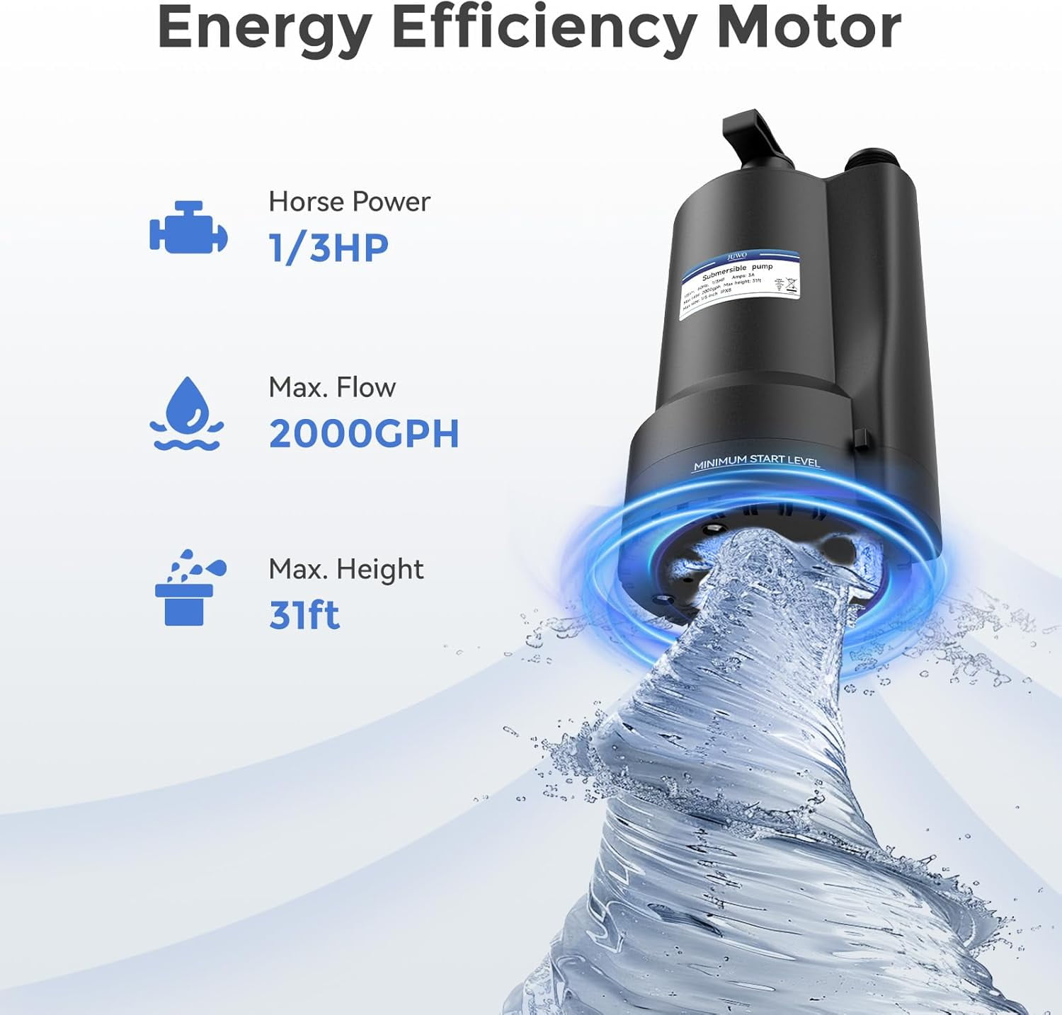 JUWO Submersible Water Pump 1/4 HP, 1800GPH Portable Utility Pump with 10ft Cord, Thermoplastic Electric Small Sump Pump for Draining Swimming Pools, Garden Ponds