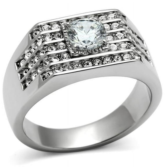 Men High Polished Stainless Steel Ring with AAA Grade CZ in Clear - Size 8
