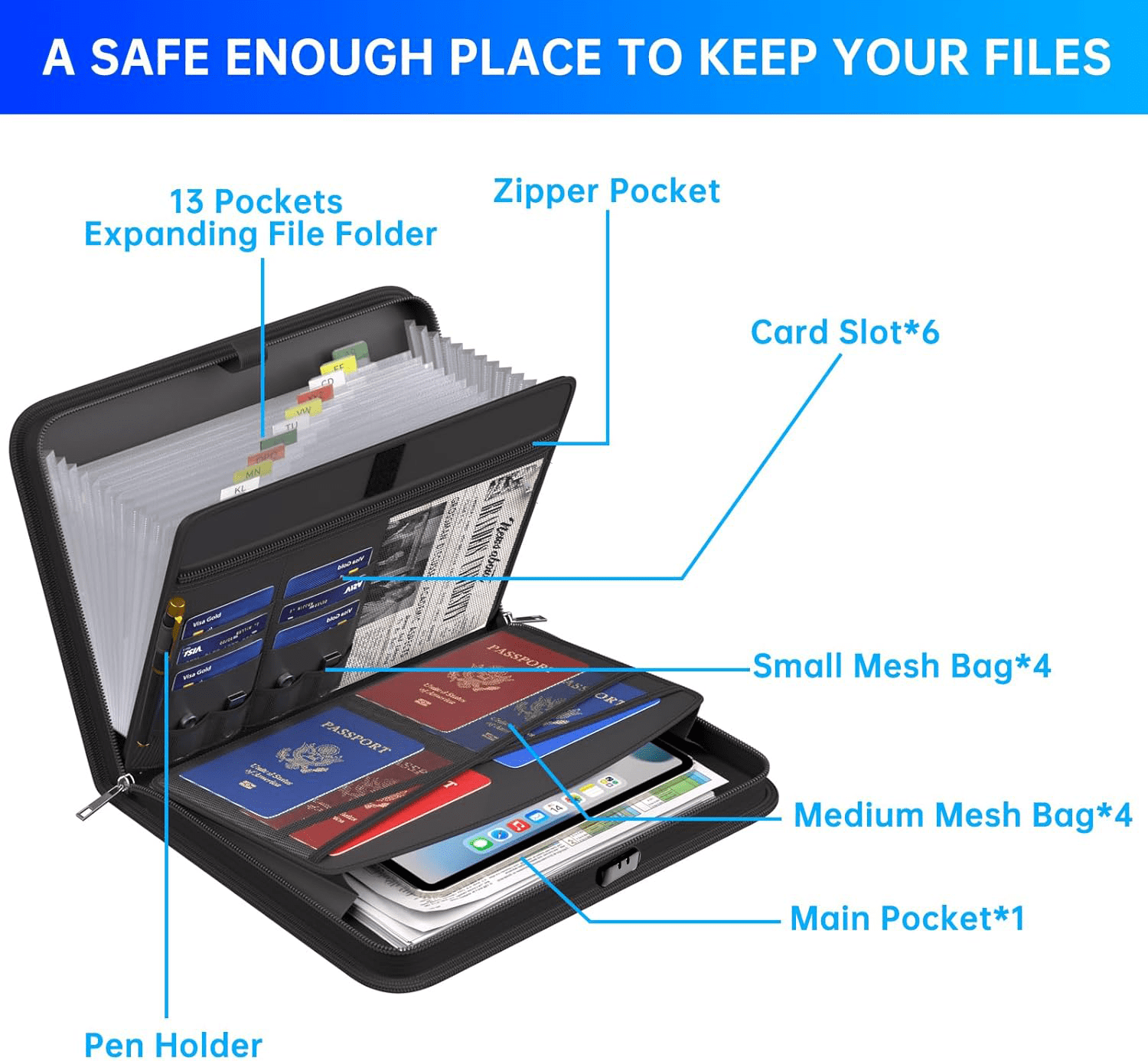 FAKYFJ Accordion File Organizer with Combination Lock,Fireproof Water Resistant Expanding File Folder with Multi Pockets,Document Organizer Home Office Travel Safe Storage for Letter Size Files,Black