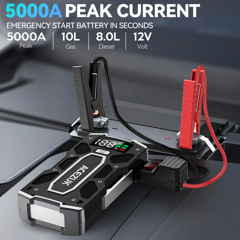 ACEZUK Car Jump Starter, 12V Jump Starter Battery Pack 5000A for Up to 10.0L Gas & 8.0 L Diesel Engines, QC 3.0 Power Bank Jumper with LED Light, Large LCD, Jump Cable