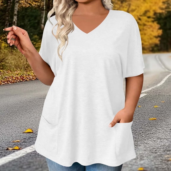 AUNVITO Women's Plus Size Casual T-Shirt V-Neck Short Sleeve with Two Pockets Comfortable and Casual Fit
