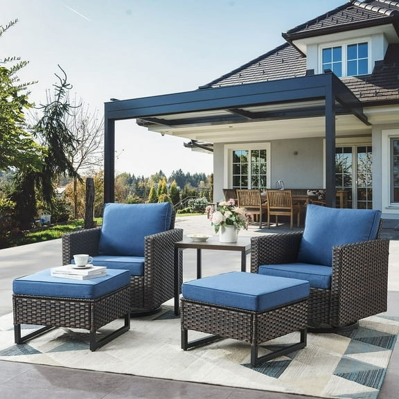 POCASSY Patio Wicker Rattan Swivel Rocking Outdoor Lounge Accent Chair Set of 2 with Ottoman and Side Table, Patio Furniture Set with All Weather Brown Wicker for Deck, Porch, Blue