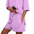 thumbnail image 6 of pstuiky Pajamas for Women Shorts Set Fashion Solid Color Comfortable 2 Piece Sleepwear Summer Loose Fit Crew Neck 3/4 Sleeve Pajama Sets with Shorts Flash Sales for Today Purple S, 6 of 9