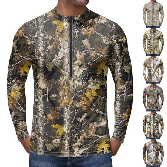 Forest Camo Quarter Zip Pullover for Men, Long Sleeve Hunting Fishing Jersey with Moisture Wicking Quick Dry Fabric - Lightweight Outdoor Athletic Performance Tops Bronze L