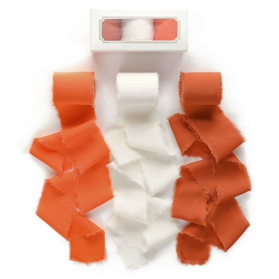 NICEEC Chiffon Silk Ribbon for Gift Wrapping 3 Rolls 1.97" x 7Yd Cream & Orange Ribbons Set Handmade Fringe Fabric for Bridal Bouquets,Wedding Invitations,DIY Crafts and Hair Bows