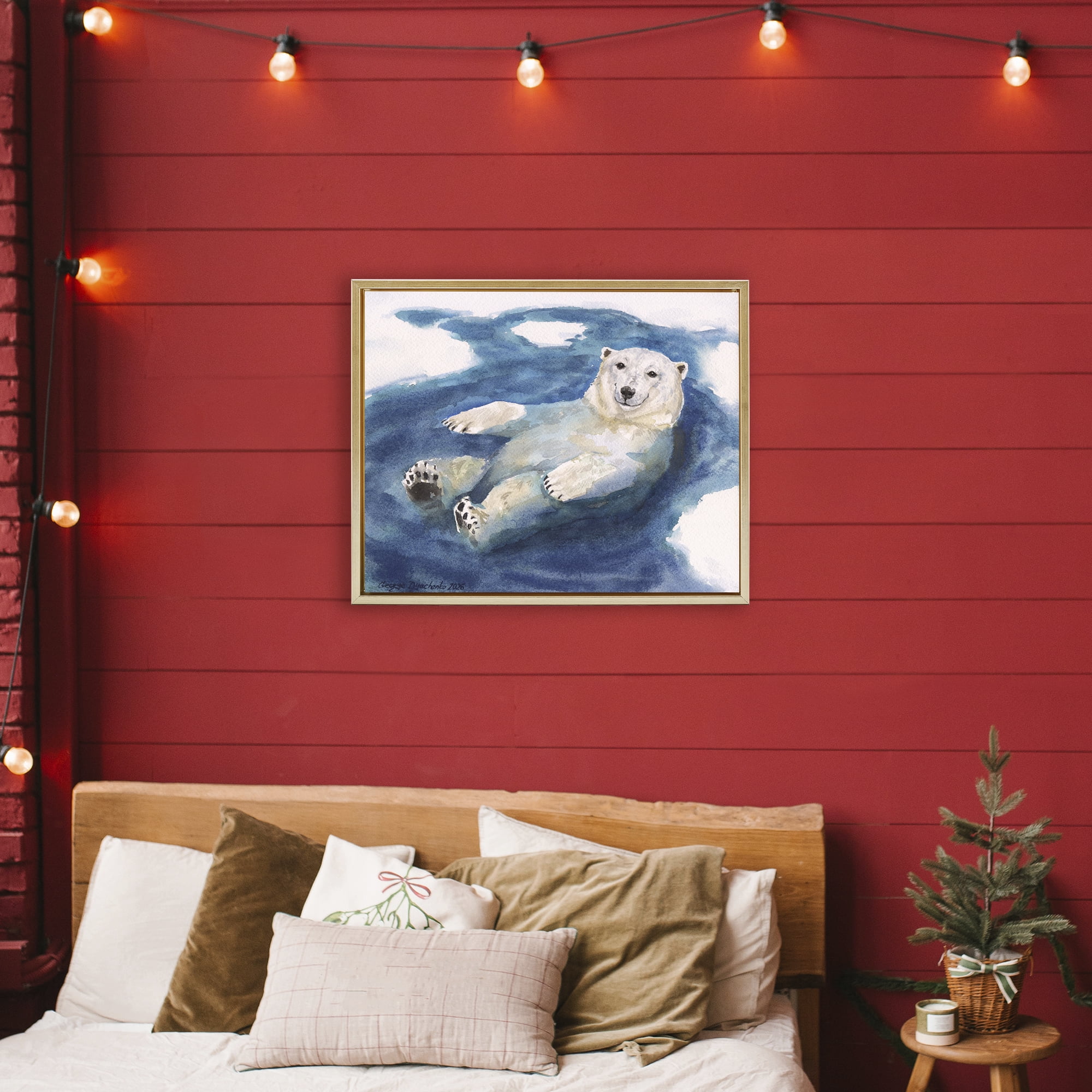 Stupell Industries Polar Bear Icy Bath Time Gold Framed Floater Canvas Wall Art, design by George Dyachenko