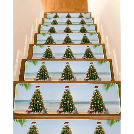 Christmas Tree Stair Treads for Wooden Steps Indoor Runner Rug Carpet Summer Beach Palm Leaves Snowman Conch Starfish 4 Pieces Peel and Stick Staircase Step Treads Covers Throw Door Mats 30 x8