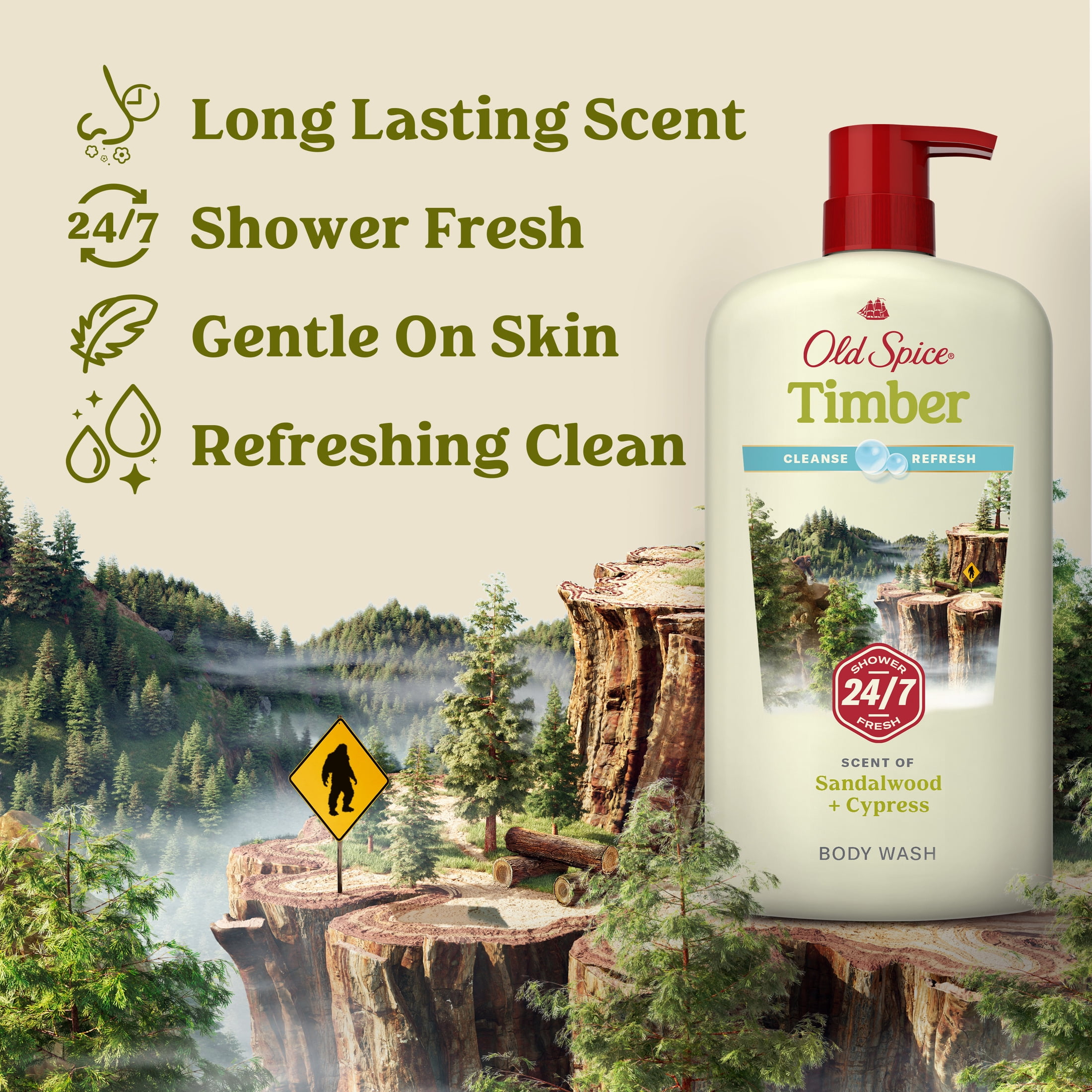 (3 pack) Old Spice Men's Body Wash Timber with Sandalwood, 24/7 Shower Fresh, 30 oz