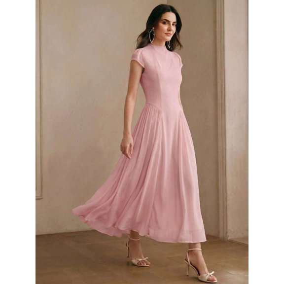 Womens Elegant Pink High Neck Cap Sleeve A-Line Long Pleated Dress
