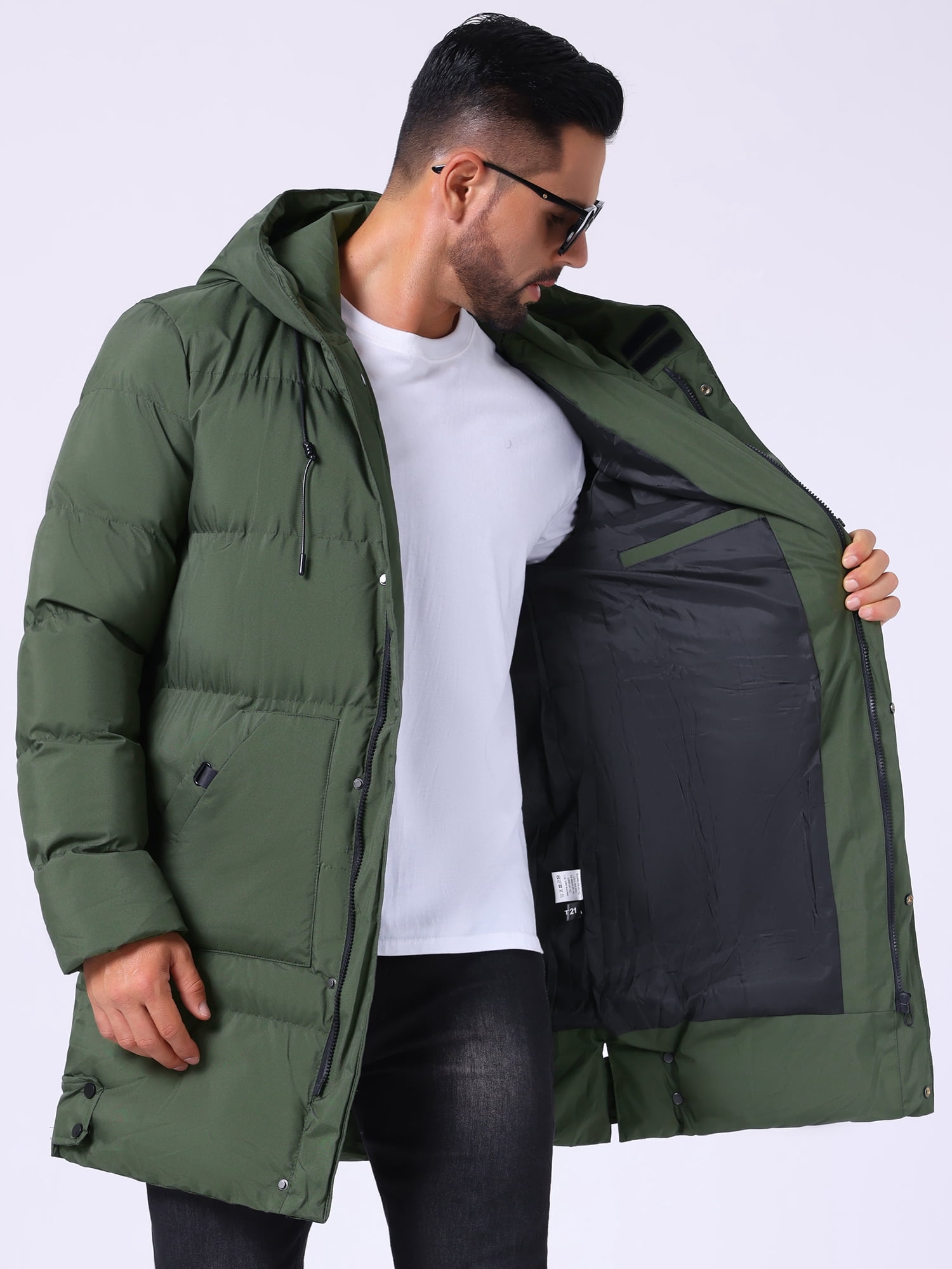 DARING DIVA Men's Mid-Length Outerwear Zipper Quilted Hooded Padded Coat M Dark Green