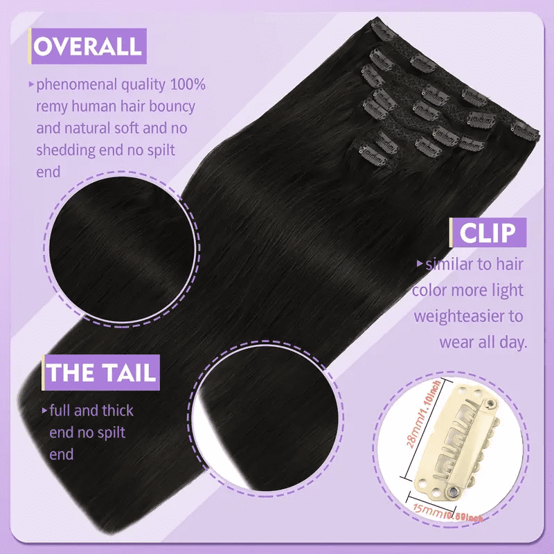 Vlasy Straight Clip In  Hair Extensions 12inches Real Human Hair 7Pcs Clip In Black Human Hair Extensions
