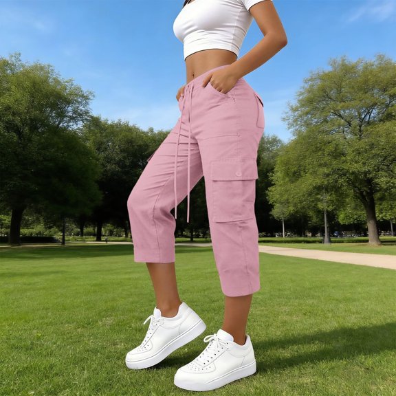 Mifsaly Womens Cargo Capri Pants Elastic Waist Drawstring Hiking Capris Lightweight Quick Dry Hiking Work Outdoor Casual Cropped Trousers with Multi Pockets Pink,S