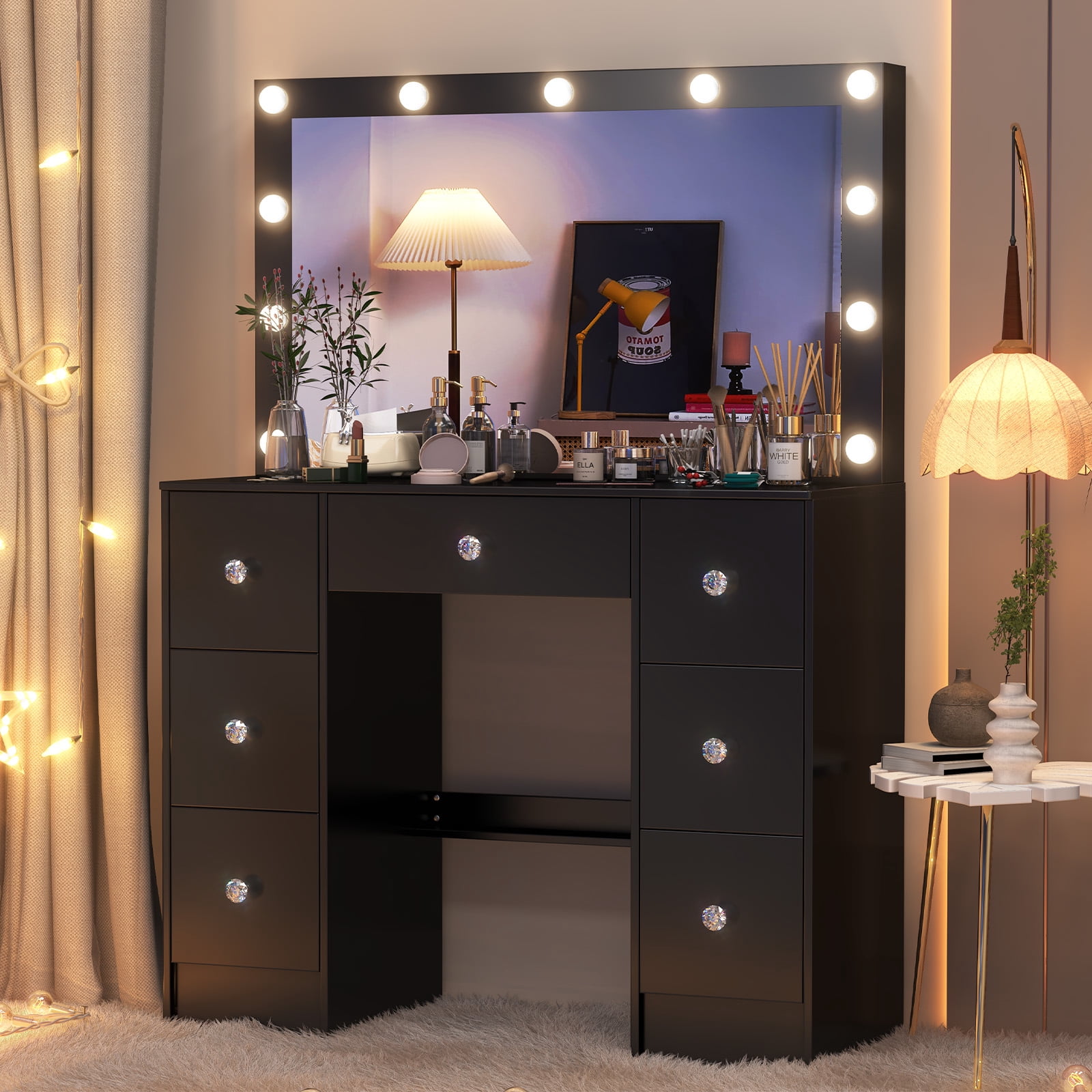 Yamissi Vanity with Mirror and Lights Makeup Vanity Desk with 7 Drawers & 11 LED Bulbs Dressing Table for Bedroom, Black